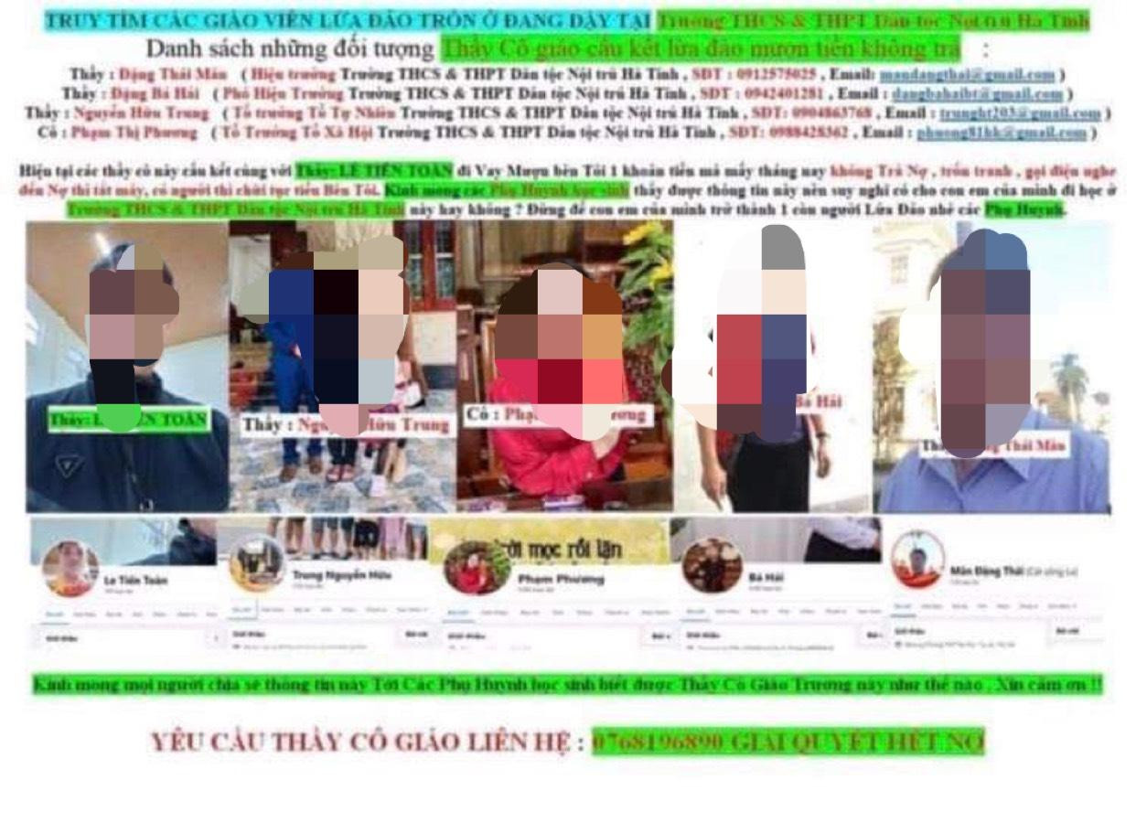 Hình ảnh giáo viên, lãnh đạo Trường THCS&amp;THPT dân tộc nội trú Hà Tĩnh bị đăng tải thông tin bôi nhọ lên mạng xã hội.