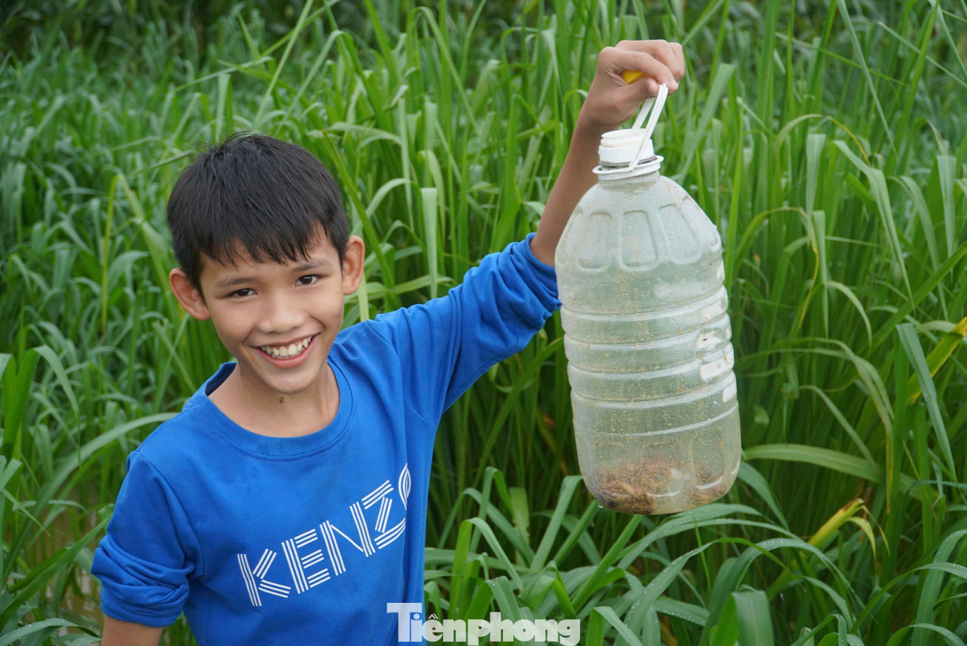 Dế sau khi bắt được sẽ dùng chai nhựa để đựng nhằm tránh chúng nhảy được ra ngoài. Trong ảnh, cậu bé thích thú khi đi bắt dế vào mùa lũ.