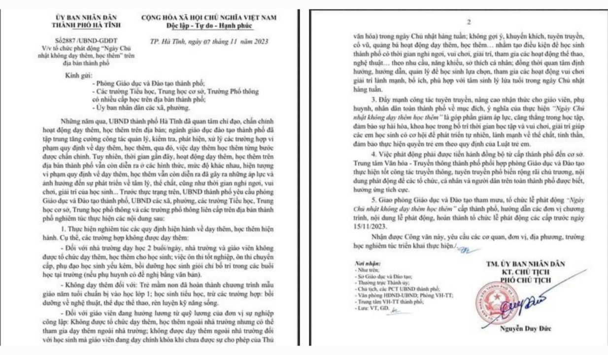 UBND thành phố Hà Tĩnh ban hành văn bản số 2887/UBND-GDĐT về việc tổ chức phát động &quot;Ngày Chủ nhật không dạy thêm, học thêm&quot;.