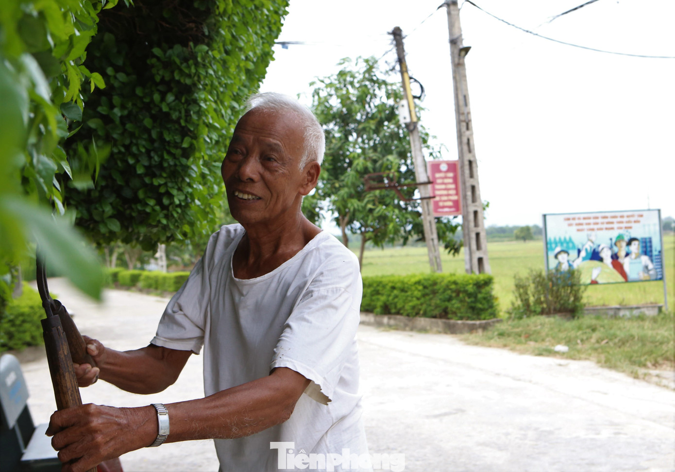 "Cứ 2 tháng phải ra cắt tỉa một lần, một đợt cắt phải mất chừng hai ngày mới xong. Cổng và hàng rào tôi dặn con cháu phải chăm sóc, gìn giữ, không được phá bỏ. Cây duối này có tuổi đời trên 100 năm, tôi là đời thứ 4 chăm sóc 2 cây duối này", ông Phan Nho Mai chia sẻ.