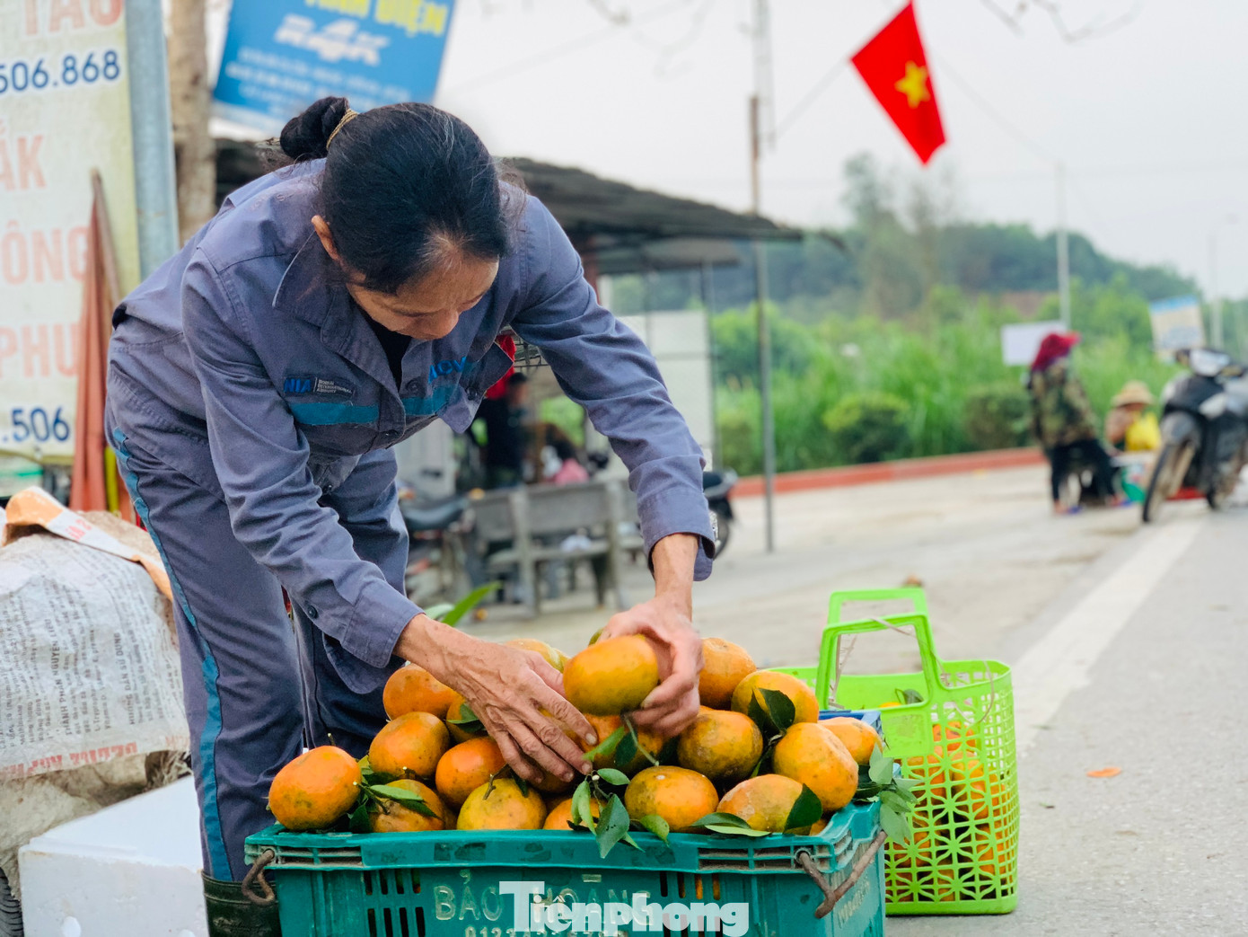 Dọc đường vào thôn 6, xã Sơn Trường, người dân thu hoạch cam ra đây để bán.