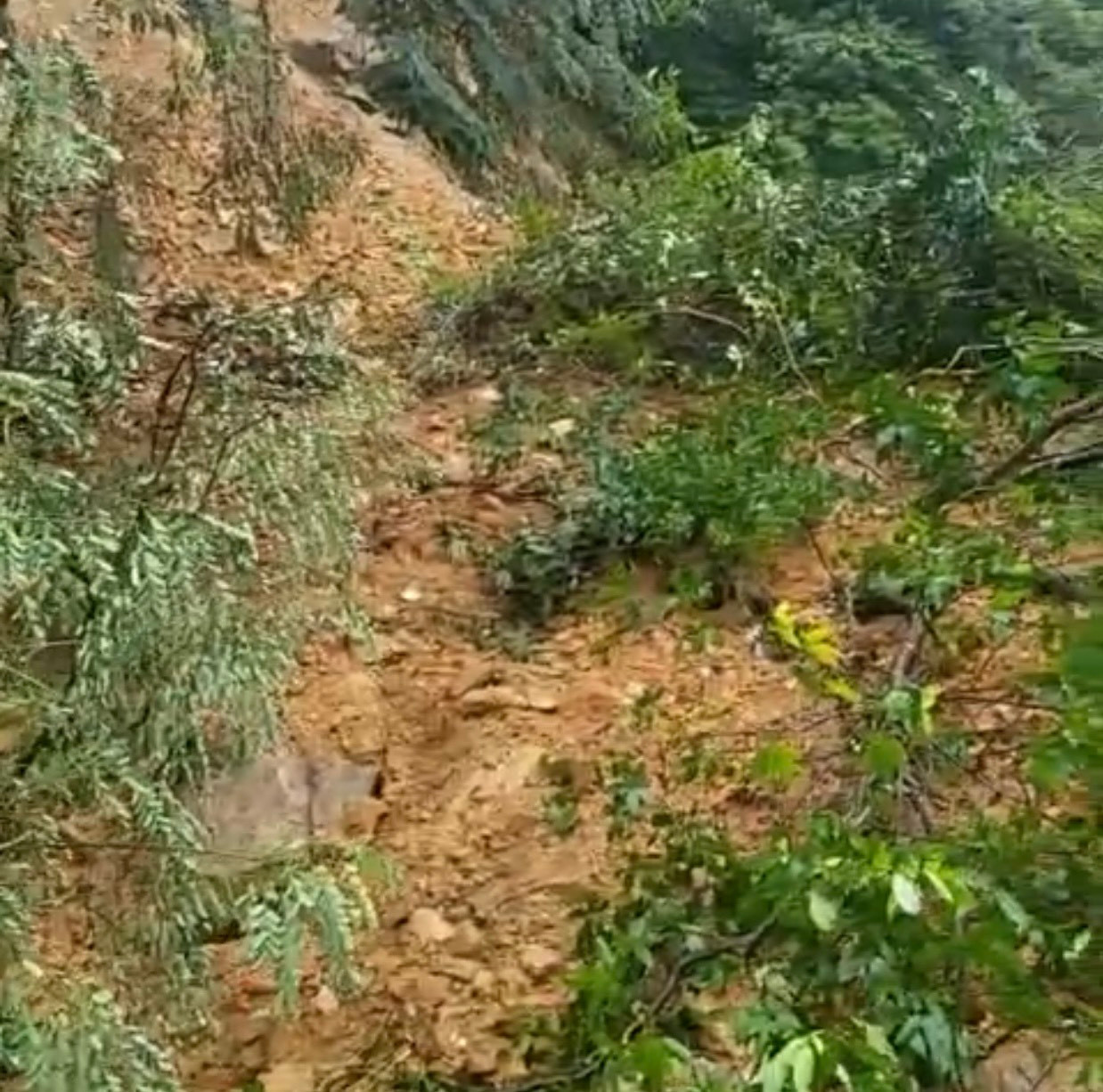 Hiện trường vụ sạt lở chắn ngang quốc lộ 8A.