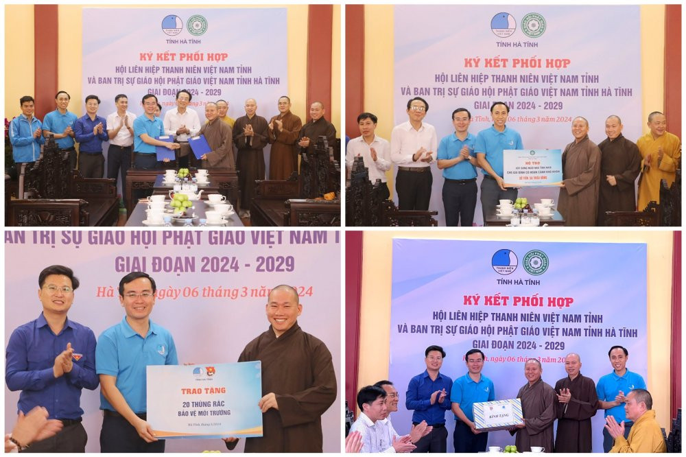 Toàn cảnh buổi ký kết chương trình phối hợp giai đoạn 2024 – 2029 giữa Hội LHTN Việt Nam tỉnh Hà Tĩnh và Ban Trị sự Giáo hội Phật giáo Việt Nam tỉnh Hà Tĩnh.