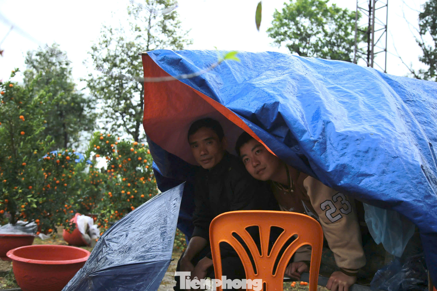 Mưa lớn, gió lạnh, nhiều tiểu thương phải ngồi đốt lửa trong lán nhỏ dựng bên vỉa hè chờ khách đến mua hàng.