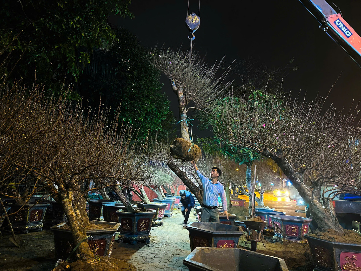 Những tiểu thương đang tất bật tưới nước, chuyển hoa từ xe xuống. Những tiểu thương đang tất bật tưới nước, chuyển hoa từ xe xuống.