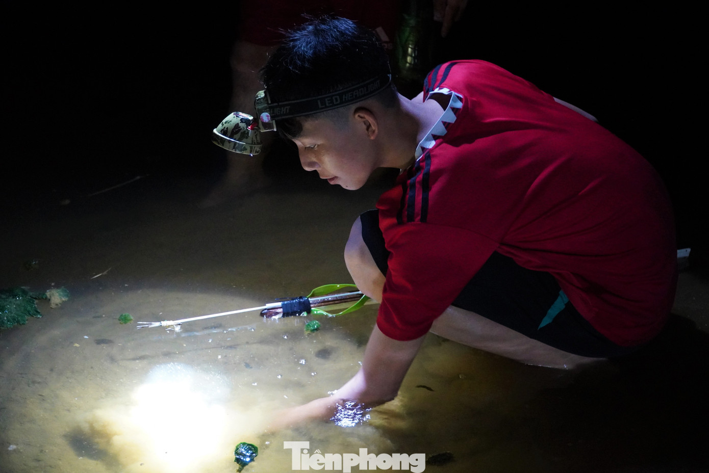 Tranh thủ ngày nghỉ lễ, nhiều em nhỏ cũng theo gia đình xuống sông bắt cá.