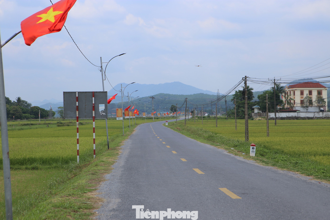 Chào mừng Quốc khánh 2/9, nhiều con đường rải nhựa đi giữa những đồng lúa chín vàng ở xã Sơn Giang, huyện Hương Sơn cũng rợp sắc cờ đỏ sao vàng.