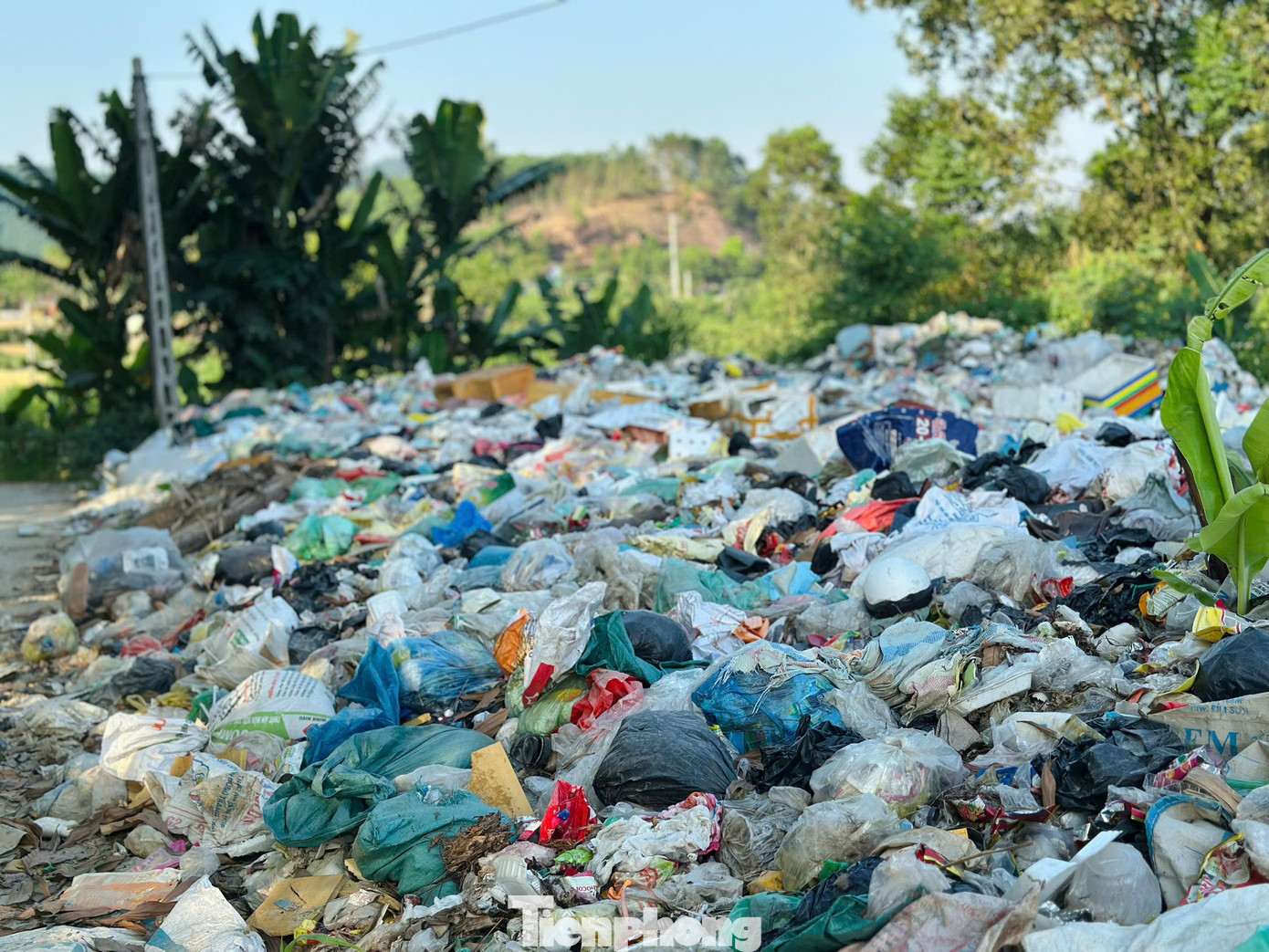 Rác chất đống trải dài trên đường.