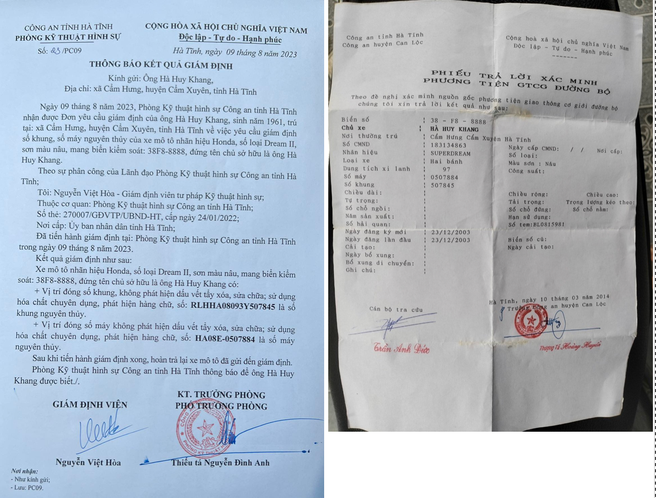 Kết quả giám định số khung, số máy trùng khớp với phiếu trả lời xác minh phương tiện đường bộ của chiếc xe anh X.T đang sử dụng. (Ảnh X.T) Kết quả giám định số khung, số máy trùng khớp với phiếu trả lời xác minh phương tiện đường bộ của chiếc xe anh X.T đang sử dụng. (Ảnh X.T)