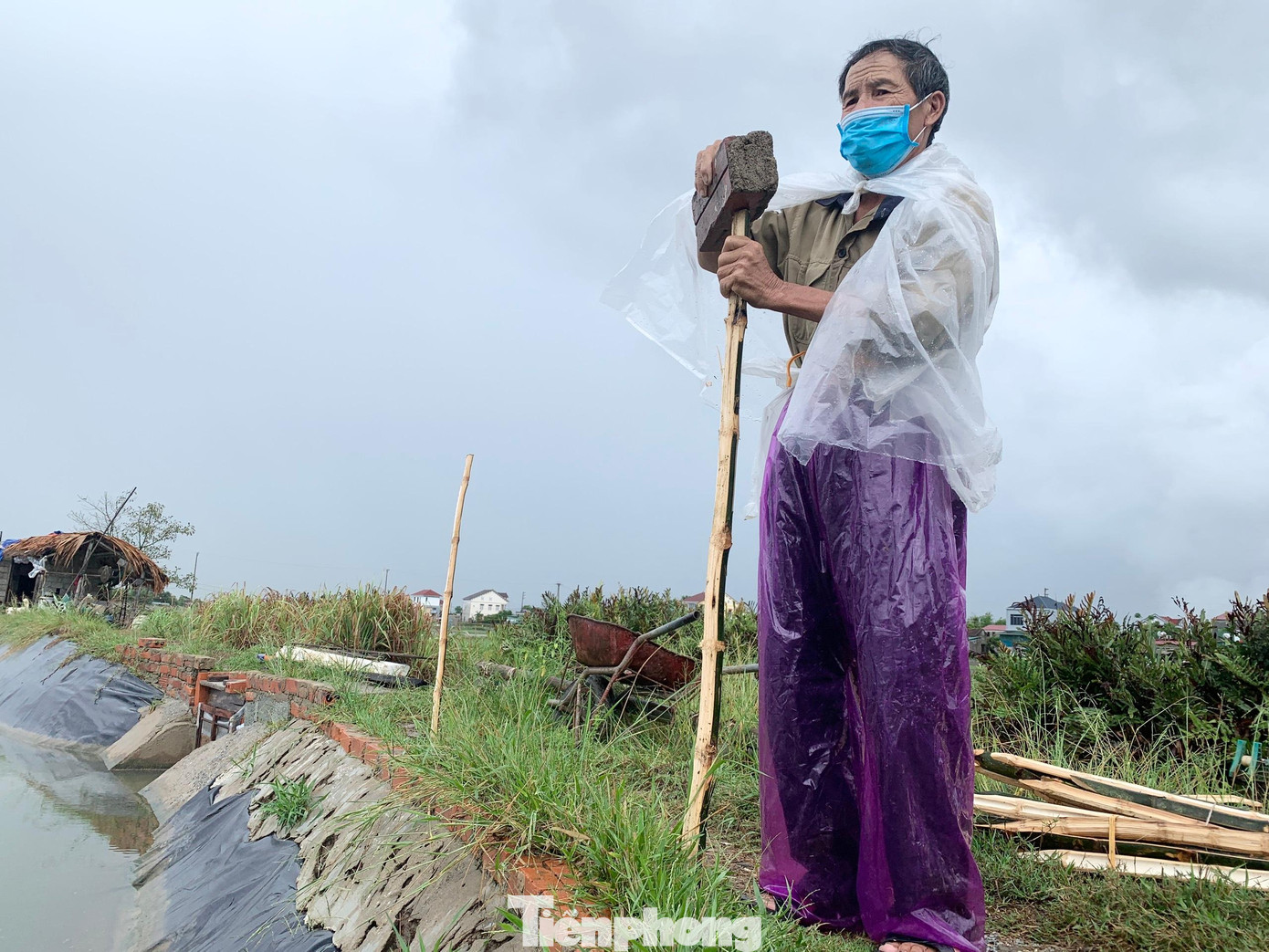 Ông Tranh dùng đóng cọc tre trên khu vực hồ để dùng lưới bao quanh.