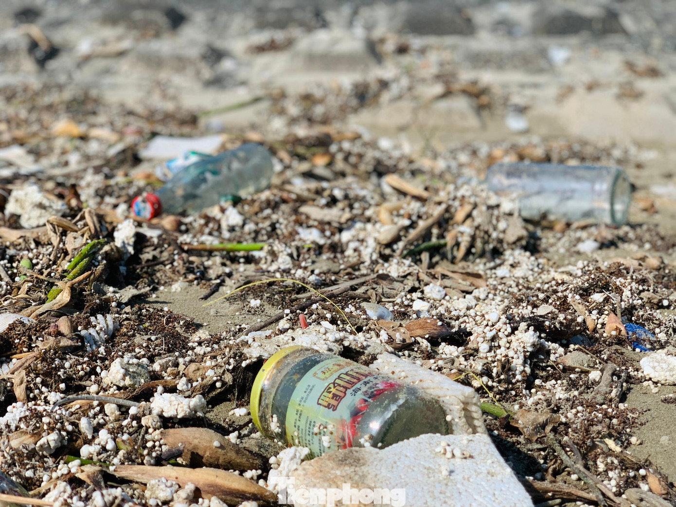 Rất nhiều chai nhựa, chai thuỷ tinh trôi dạt vào bờ biển. Dọc bờ biển kéo dài hơn 3km rác tràn ngập.
