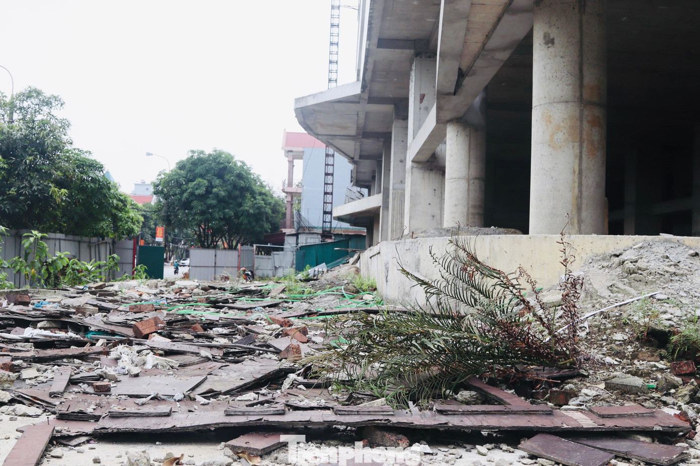 Sau thời gian dài không được xây dựng thêm, hiện bên trong dự án trở nên nhếch nhác, cỏ dại mọc quanh bờ rào, rác thải xây dựng đổ ngổn ngang..