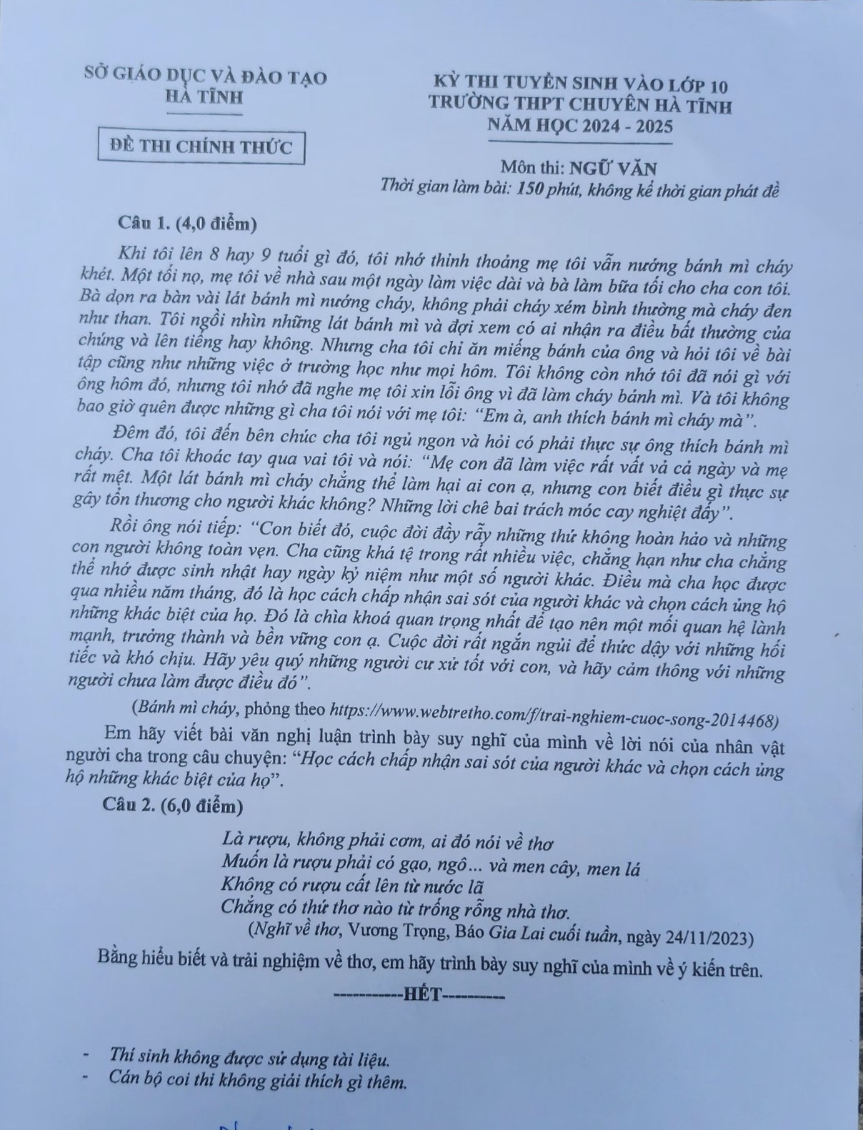 Đề thi vào lớp 10 THPT Chuyên Hà Tĩnh. Đề thi vào lớp 10 THPT Chuyên Hà Tĩnh.