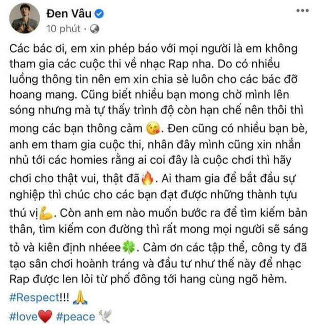 Toàn bộ dòng trạng thái chân tình của Đen Vâu.