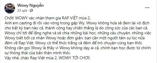 Wowy xác nhận tham gia Rap Việt mùa 2.