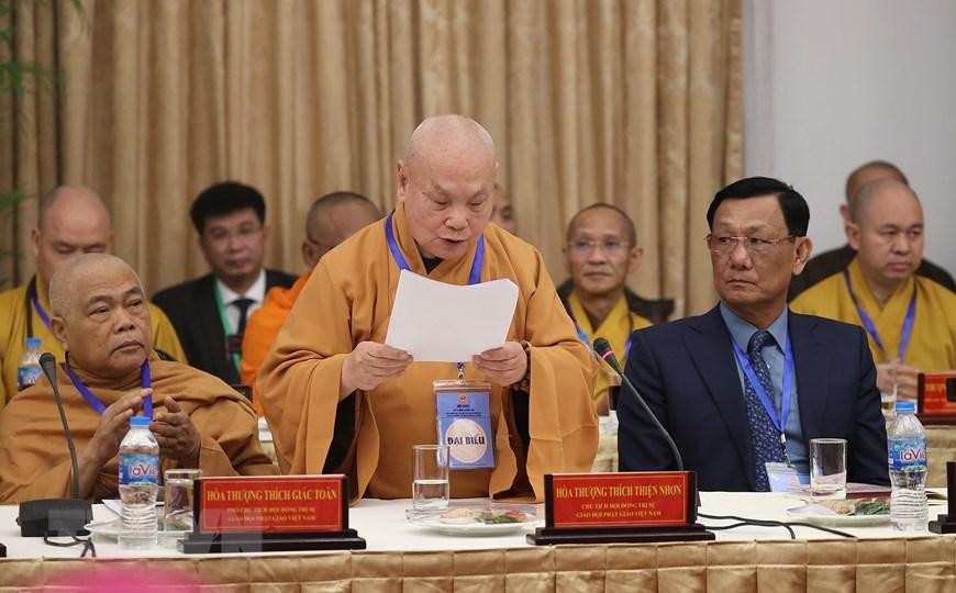 Hòa thượng Thích Thiện Nhơn, Chủ tịch Hội đồng Trị sự Giáo hội Phật giáo Việt Nam, phát biểu. (Ảnh: Dương Giang/TTXVN)
