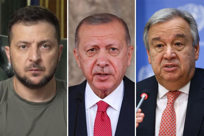 Từ trái sang: Tổng thống Ukraine Volodymyr Zelensky, Tổng thống Thổ Nhĩ Kỳ Recep Tayyip Erdogan và Tổng thư ký Liên Hợp Quốc Antonio Guterres.