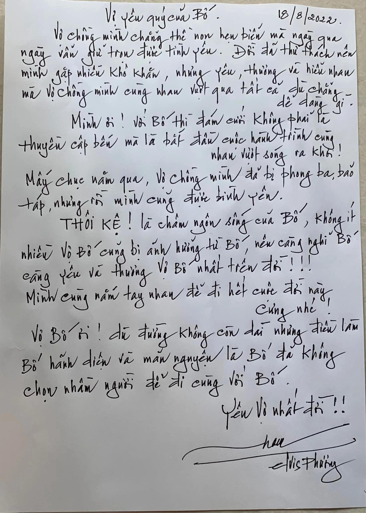 Thư tay Elvis Phương gửi vợ.
