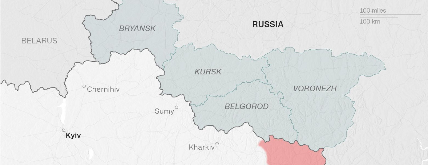 Các Vùng Kursk, Belgorod và Bryansk của Nga giáp Ukraine. Bản đồ: CNN Các Vùng Kursk, Belgorod và Bryansk của Nga giáp Ukraine. Bản đồ: CNN