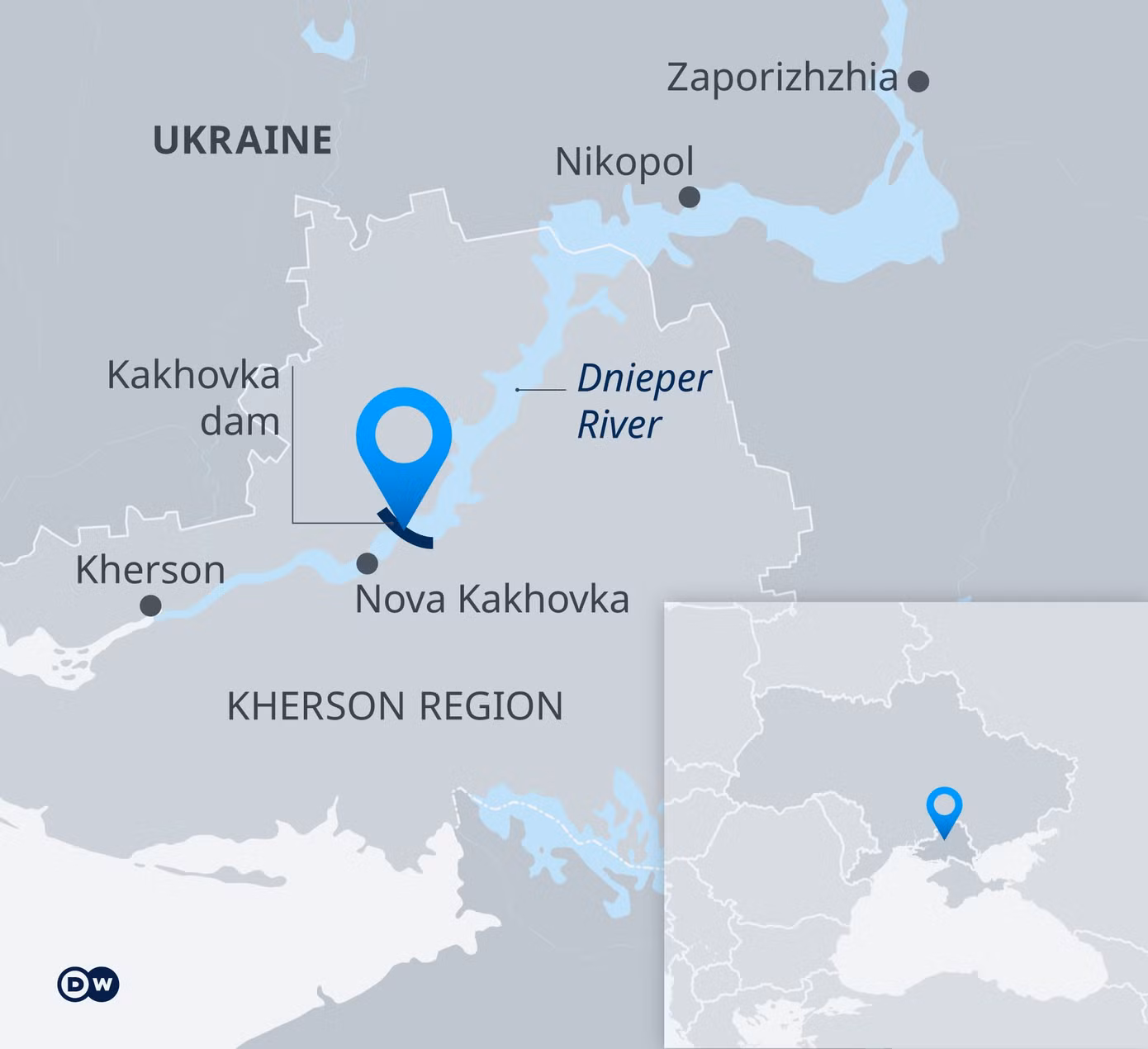 Vị trí đập Nova Kakhovka. Đồ họa: DW Vị trí đập Nova Kakhovka. Đồ họa: DW