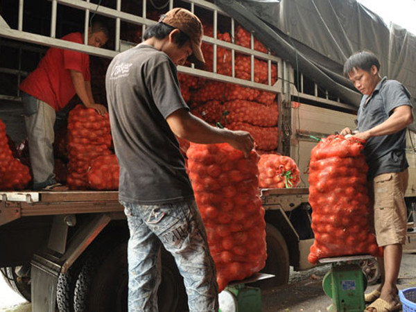 Bốc dỡ hàng hóa của Trung Quốc chở từ cửa khẩu Lạng Sơn về TP.HCM ở chợ đầu mối nông sản thực phẩm Thủ Đức (ảnh chụp lúc 13g30 ngày 9-6). Ảnh: Quang Định