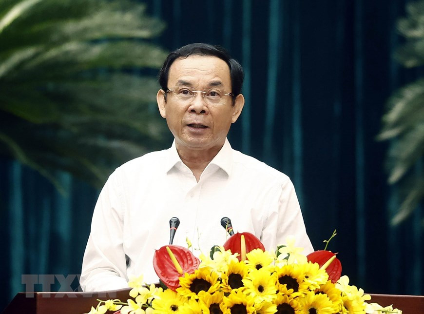 Ông Nguyễn Văn Nên, Ủy viên Bộ Chính trị, Bí thư Thành ủy Thành phố Hồ Chí Minh phát biểu. (Ảnh: Thống Nhất/TTXVN)