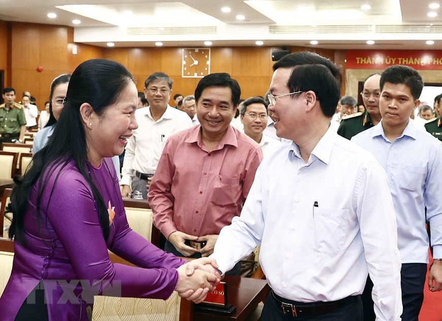 Chủ tịch nước Võ Văn Thưởng với đại biểu dự hội nghị. Ảnh: Thống Nhất/TTXVN