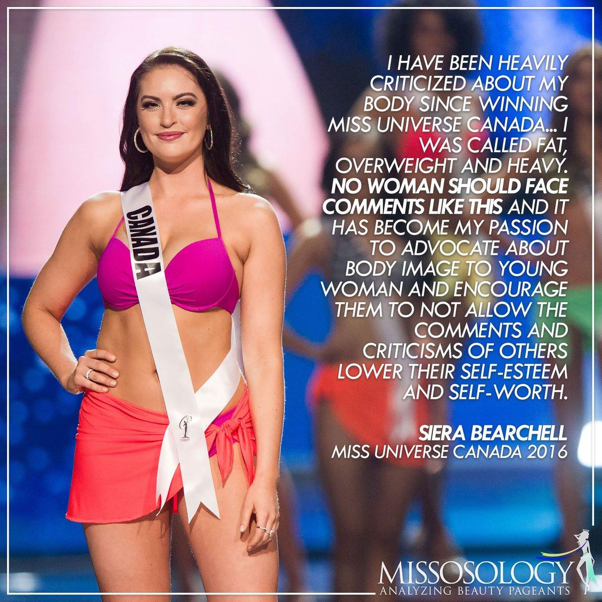 Đáp lại, Siera Bearchell vẫn tự tin với vẻ đẹp của bản thân: "Tôi đã bị chỉ trích nặng nề kể từ khi chiến thắng danh hiệu Miss Universe Canada. Tôi đã bị gọi là béo phì, nặng cân. Không người phụ nữ nào đáng bị bình phẩm như vậy và tôi đã lên tiếng để ủng hộ hình ảnh của những người phụ nữ trẻ, khuyến khích họ đừng để những lời lẽ miệt thị khiến họ tự hạ thấp giá trị và sự tự tin của bản thân mình".