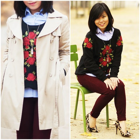 Sự kết hợp khá quen thuộc của trend coat cùng bộ đôi áo len và sơ-mi. Nhưng chính các họa tiết hoa hồng trên áo len chui đầu đã mang lại hiệu quả thẩm mỹ tuyệt vời cho tổng thể trang phục của cô gái này