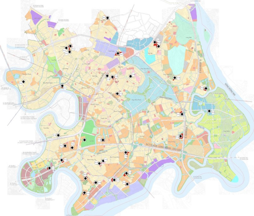 Các điểm đánh dấu mốc đen là những khu vực được thành phố Thủ Đức quy hoạch cho phát triển y tế