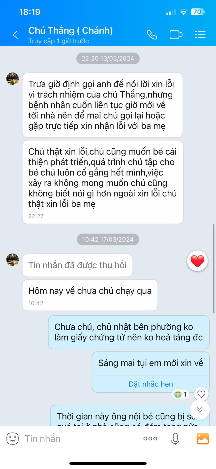 Một trong những nội dung tin nhắn của gia đình với người xưng là BS Thắng