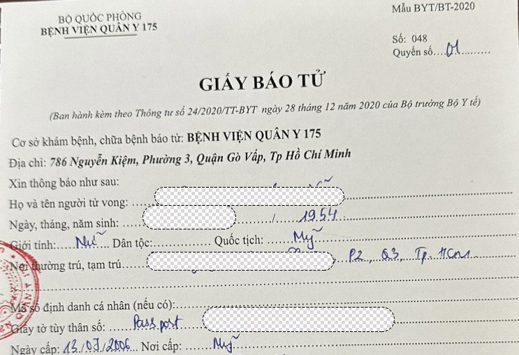 Giấy báo tử được Bệnh viện Quân y 175 gửi đến gia đình người quá cố (ảnh: gia đình cung cấp)