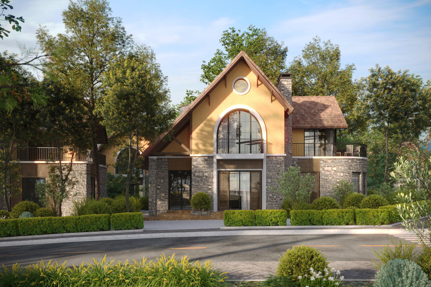 Phối cảnh làng Cité Bellevue, lấy cảm hứng từ nguyên mẫu những biệt thự Pháp cổ ở Đà Lạt