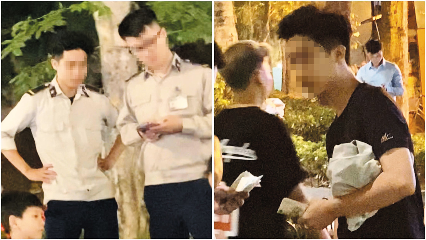 Nam thanh niên mặc áo phông đen sau khi thu tiền bán hàng rong đã mặc lại trang phục của Đội An ninh trật tự Nam thanh niên mặc áo phông đen sau khi thu tiền bán hàng rong đã mặc lại trang phục của Đội An ninh trật tự