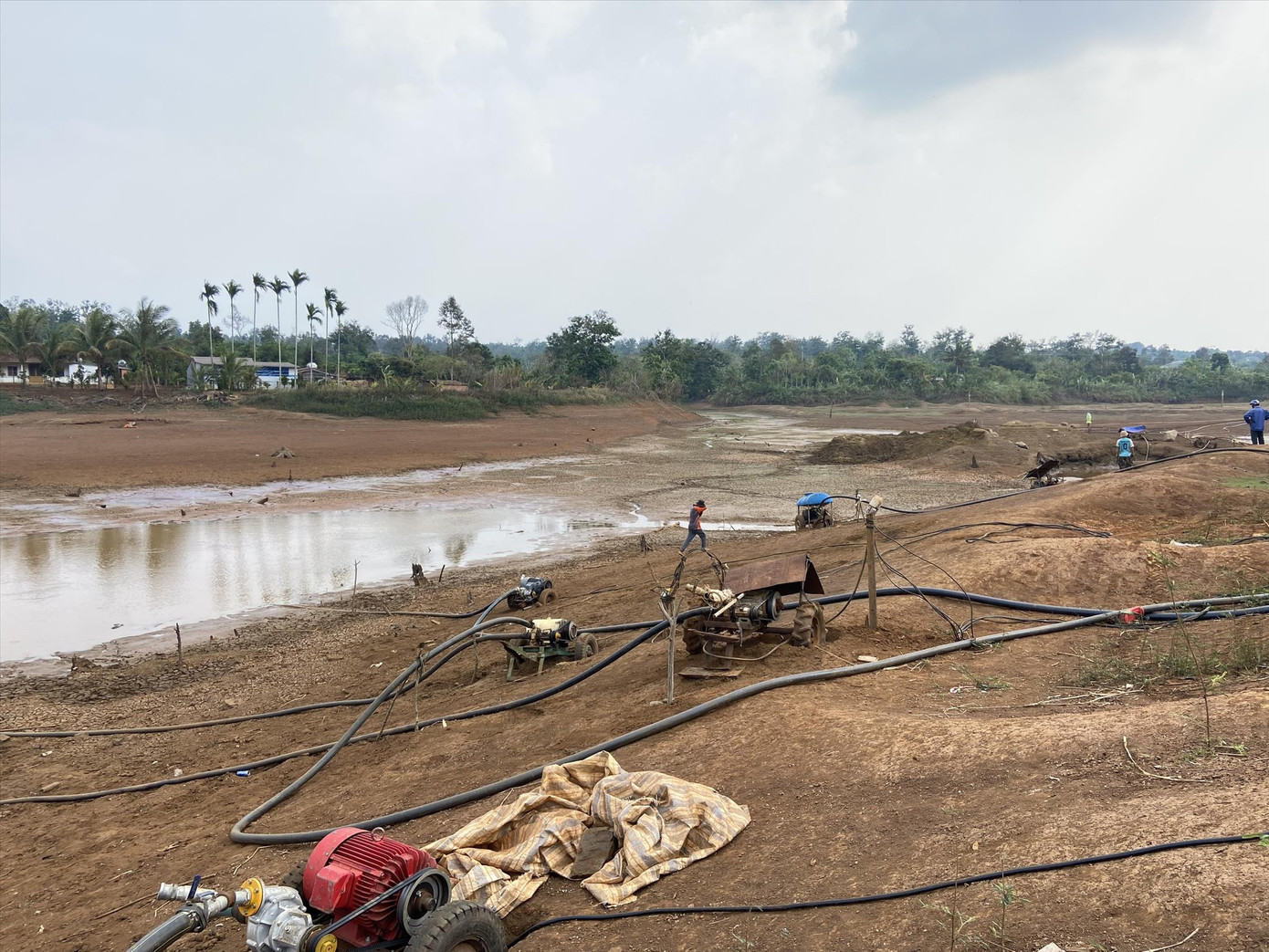 Người dân huyện Đắk Mil (Đắk Nông) túc trực tại hồ để bơm nước Người dân huyện Đắk Mil (Đắk Nông) túc trực tại hồ để bơm nước