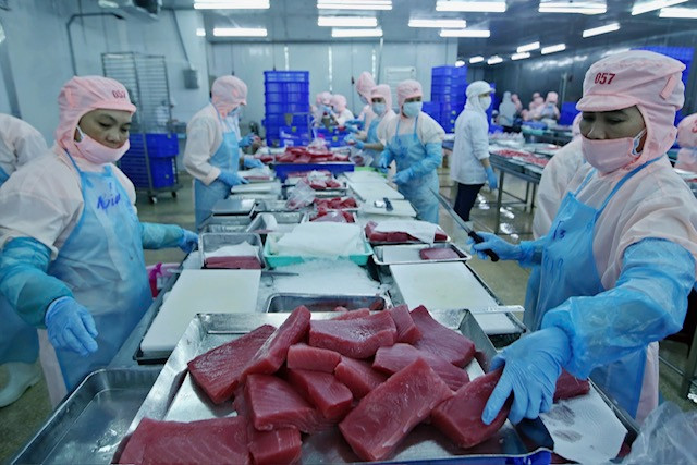 Hoạt động chế biến thủy sản xuất khẩu của một doanh nghiệp phía Nam. Ảnh: Như Ý