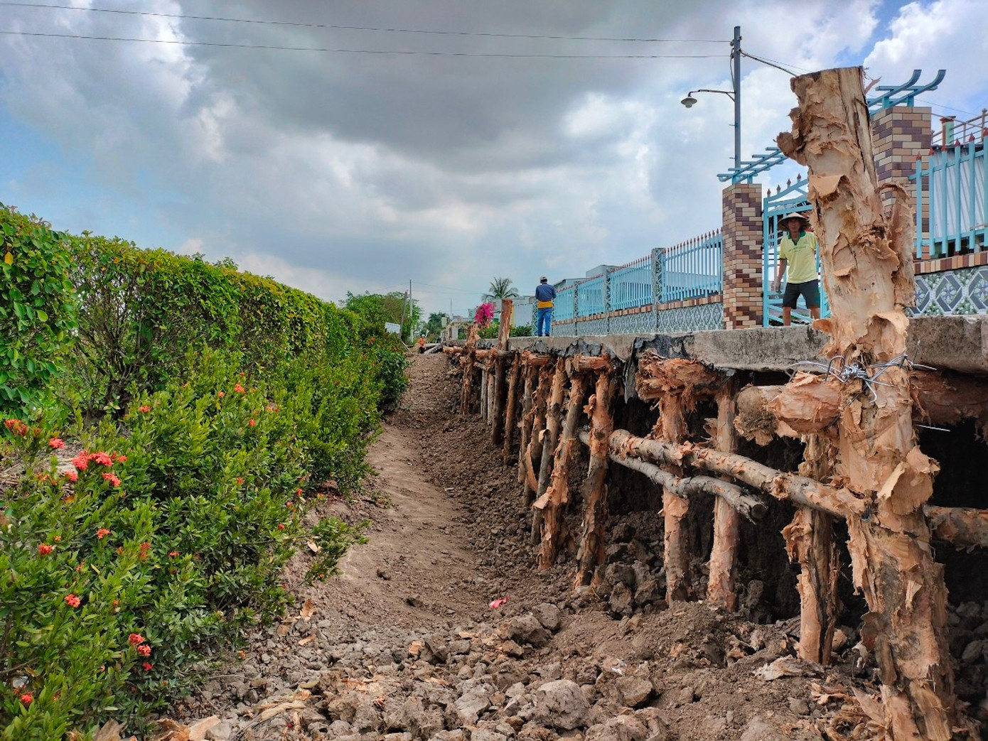 Tuyến đường liên xã ở huyện Trần Văn Thời (Cà Mau) được gia cố tạm, có thể đổ sập bất kể khi nào do đất nền đã lún, sụt vì hạn hán. Ảnh: Tân Lộc Tuyến đường liên xã ở huyện Trần Văn Thời (Cà Mau) được gia cố tạm, có thể đổ sập bất kể khi nào do đất nền đã lún, sụt vì hạn hán. Ảnh: Tân Lộc