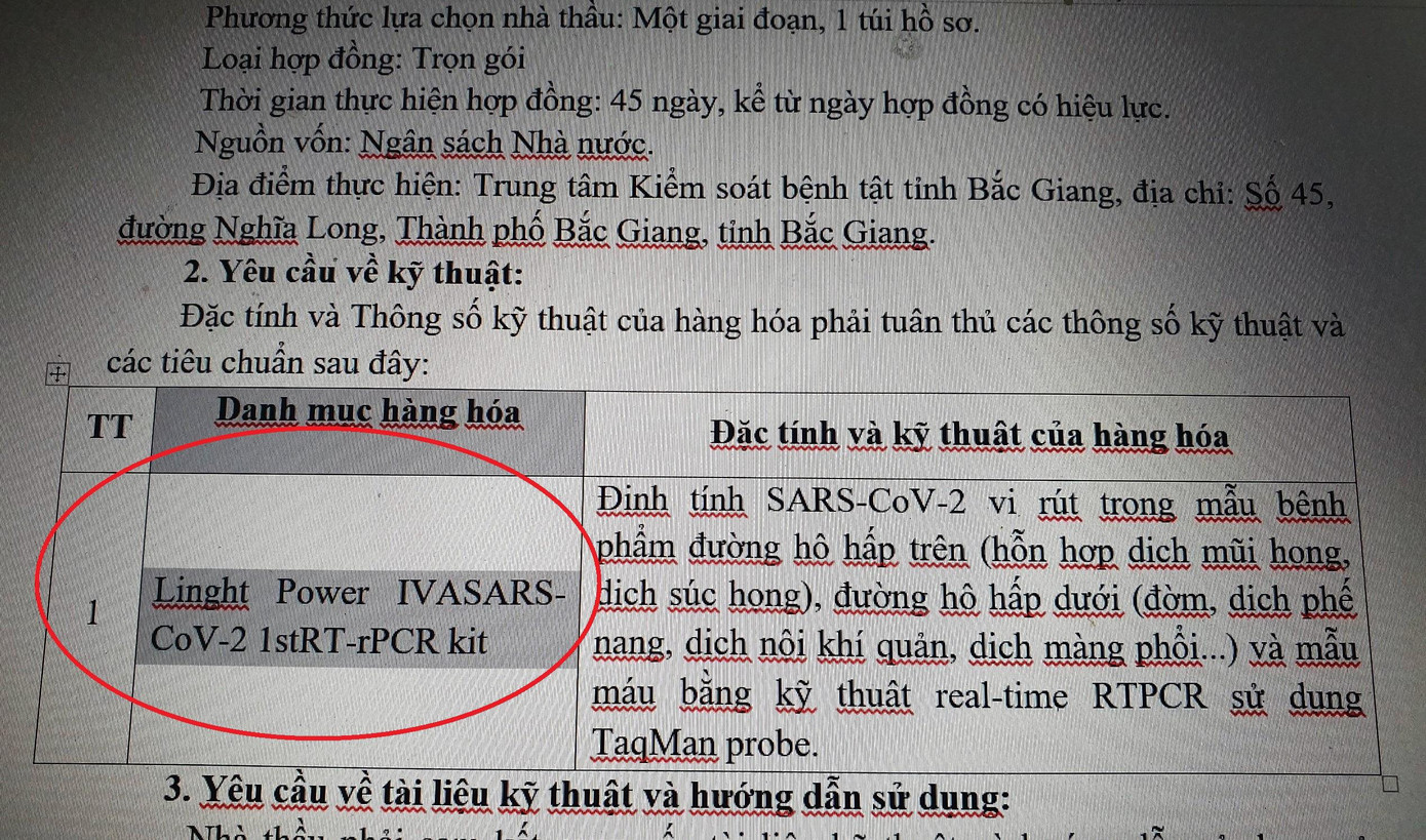 Tài liệu trong hồ sơ mời thầu của CDC Bắc Giang nêu rõ tên sinh phẩm do Cty Việt Á sản xuất Tài liệu trong hồ sơ mời thầu của CDC Bắc Giang nêu rõ tên sinh phẩm do Cty Việt Á sản xuất