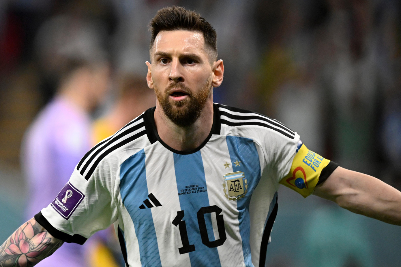 Khi được giải toả áp lực phải gồng gánh cả đội tiến lên, Messi đã toả sáng để có bàn thắng đầu tiên ở vòng knock-out trong 5 lần góp mặt ở World Cup. Ảnh: AFP