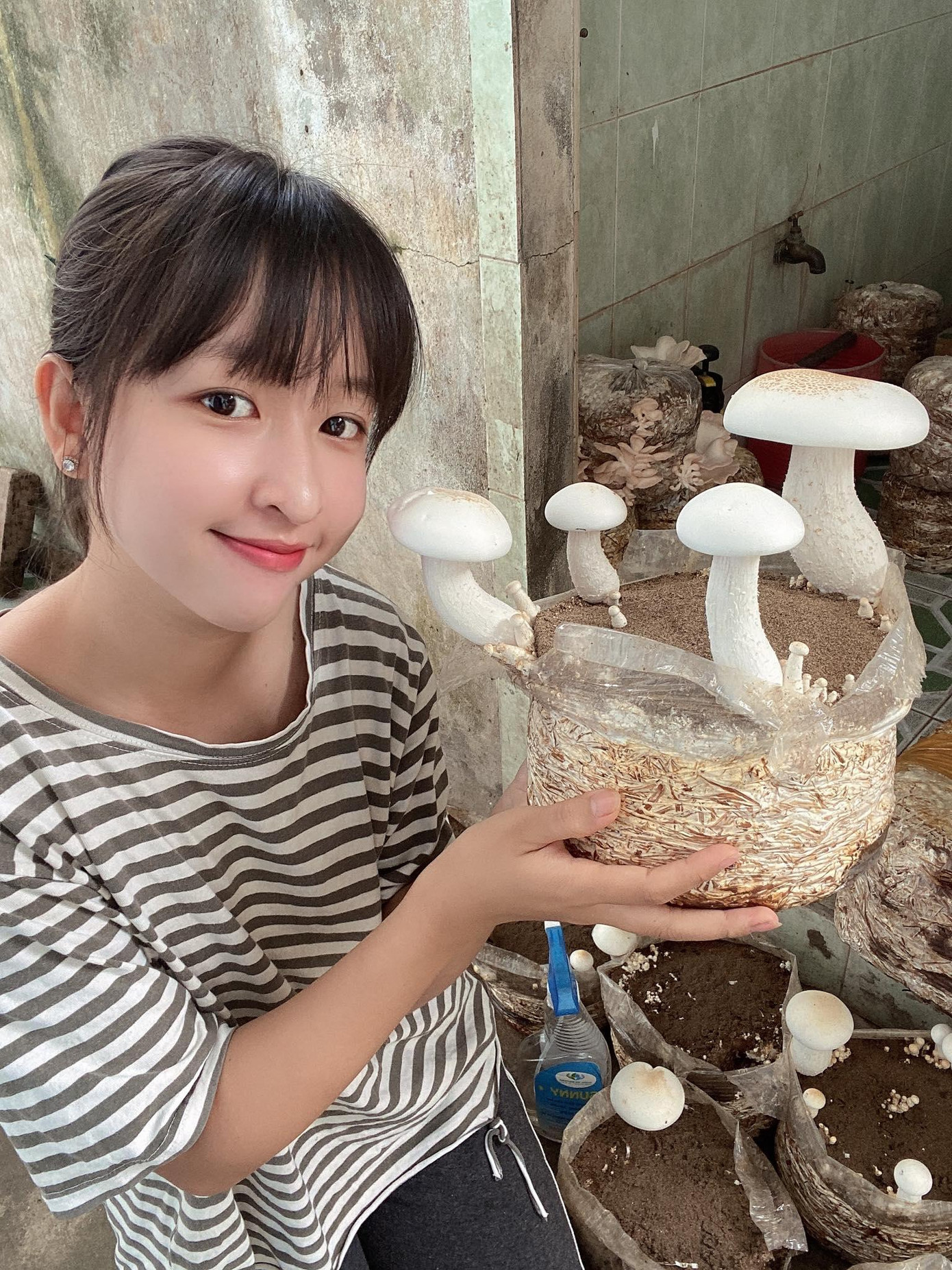 Phạm Thị Phước Vân bên sản phẩm nấm của mình