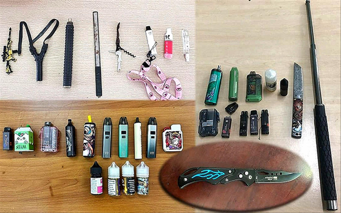 Thiết bị hút thuốc và tinh dầu thuốc lá điện tử chiếm khá nhiều trong các tang vật thu được của cơ quan công an Thanh Hóa trong đợt ra quân đồng loạt tổng kiểm tra việc chấp hành pháp luật của học sinh khi đến trường hồi tháng 5/2023