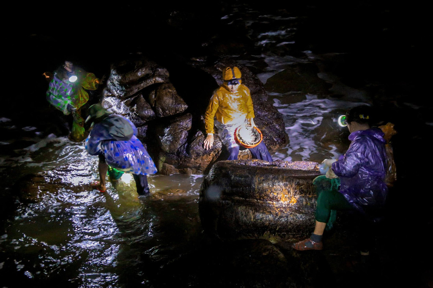 Hàng chục người dân làng chài Nam Ô bám mình trên ghềnh đá mưu sinh trong đêm. Ảnh: DQ