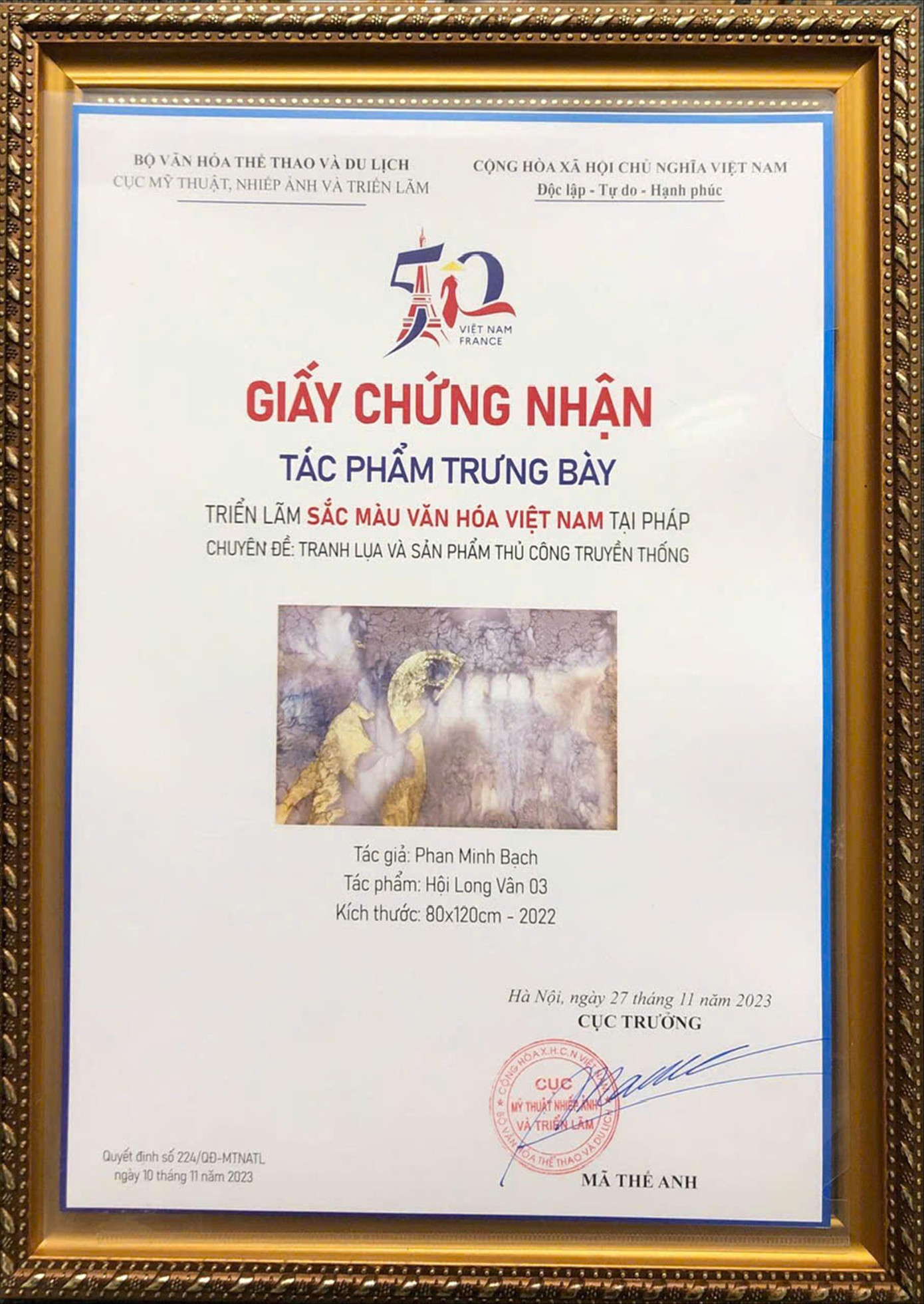 Giấy chứng nhận tác phẩm trưng bày triển lãm tại Pháp của họa sĩ Phan Minh Bạch. Giấy chứng nhận tác phẩm trưng bày triển lãm tại Pháp của họa sĩ Phan Minh Bạch.