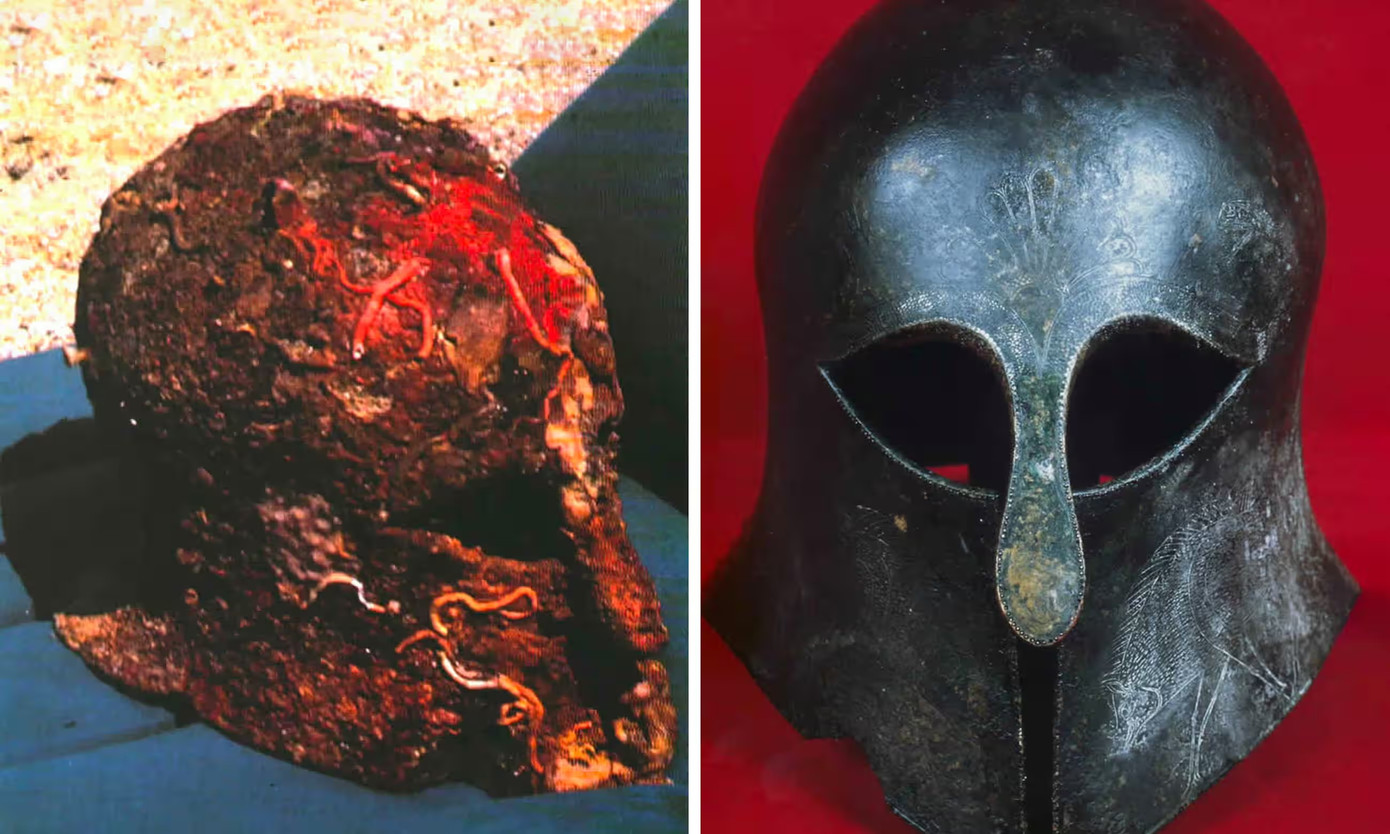 Mũ giáp Giglio, trước và sau khi được phục chế Mũ giáp Giglio, trước và sau khi được phục chế