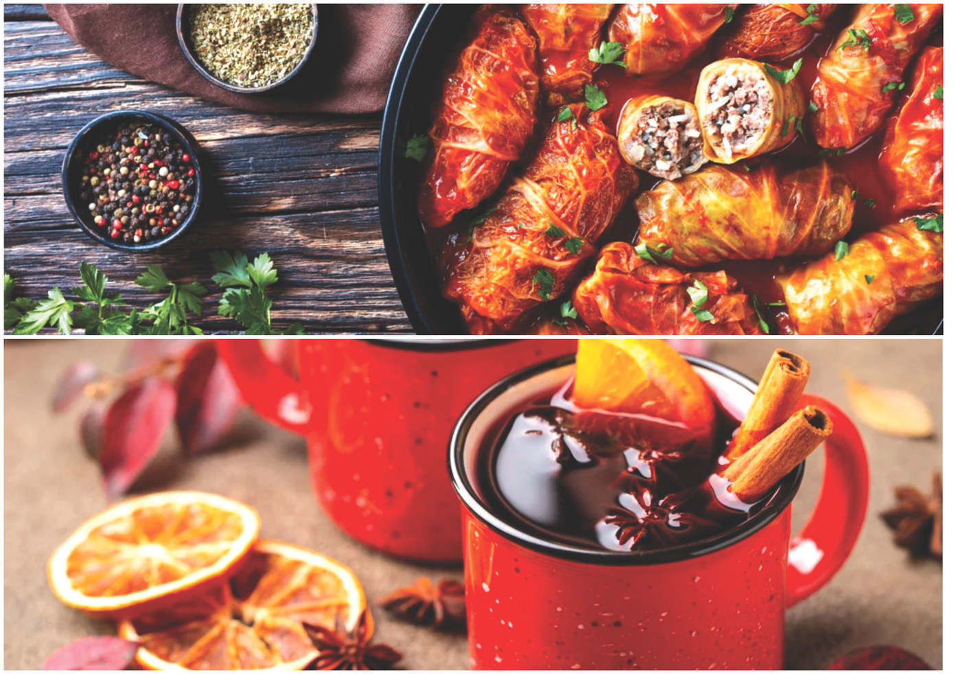 Món bắp cải cuộn thịt Sarmale và rượu nóng Vin fiert. Ảnh: Quốc Trần