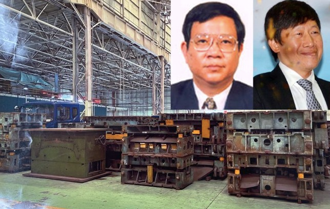 Hàng trăm bộ khuôn dập cabin ô tô được mua về nhưng “đắp chiếu” nhiều năm, gây lãng phí của Nhà nước (ảnh lớn) và hai bị cáo Giang, Tuấn.