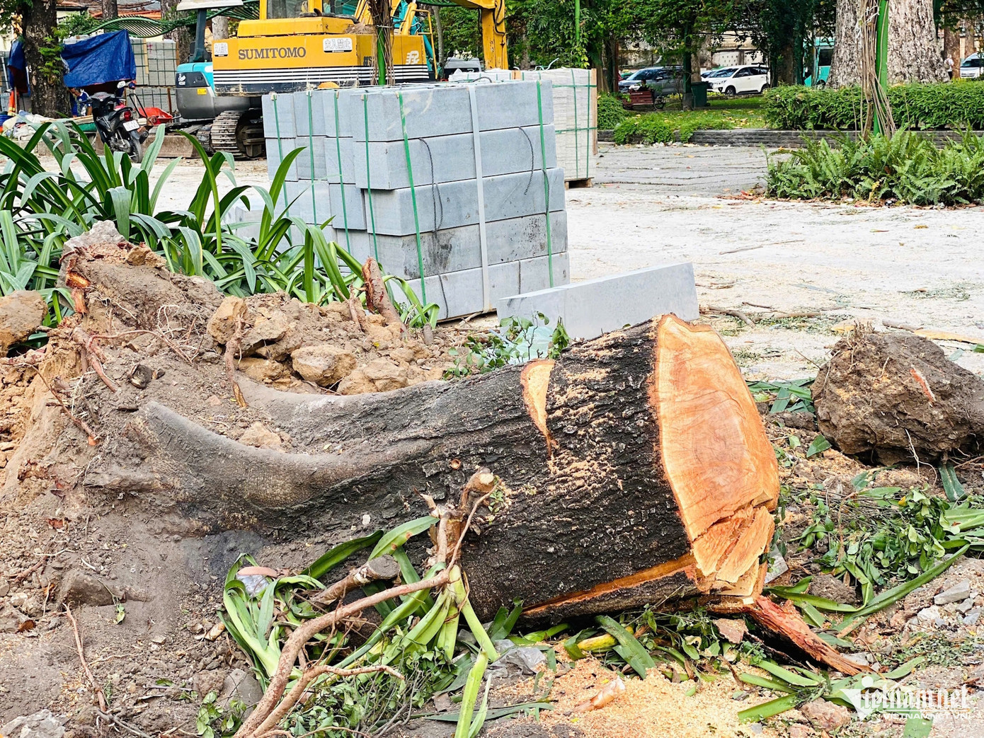 Đơn vị thi công tập kết xe cơ giới để cào tách đường, chuẩn bị lát đá. Ảnh: TK. Đơn vị thi công tập kết xe cơ giới để cào tách đường, chuẩn bị lát đá. Ảnh: TK.