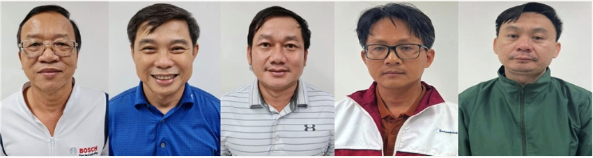 Các bị can Trần Ngọc Linh; Nguyễn Thành Ngôn; Trương Tấn Đạt; Lê Quang Nghĩa; Tạ Thúc Thông (từ trái qua phải).