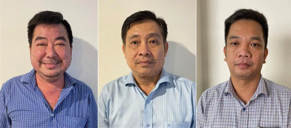 Bị can Lê Quang Bình (trái) cùng đồng phạm trong vụ án.