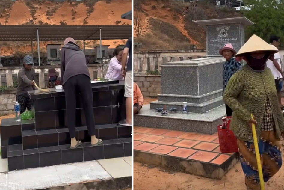 Nhóm người được cho là vòi tiền người đi thăm viếng mộ. Ảnh cắt từ clip.